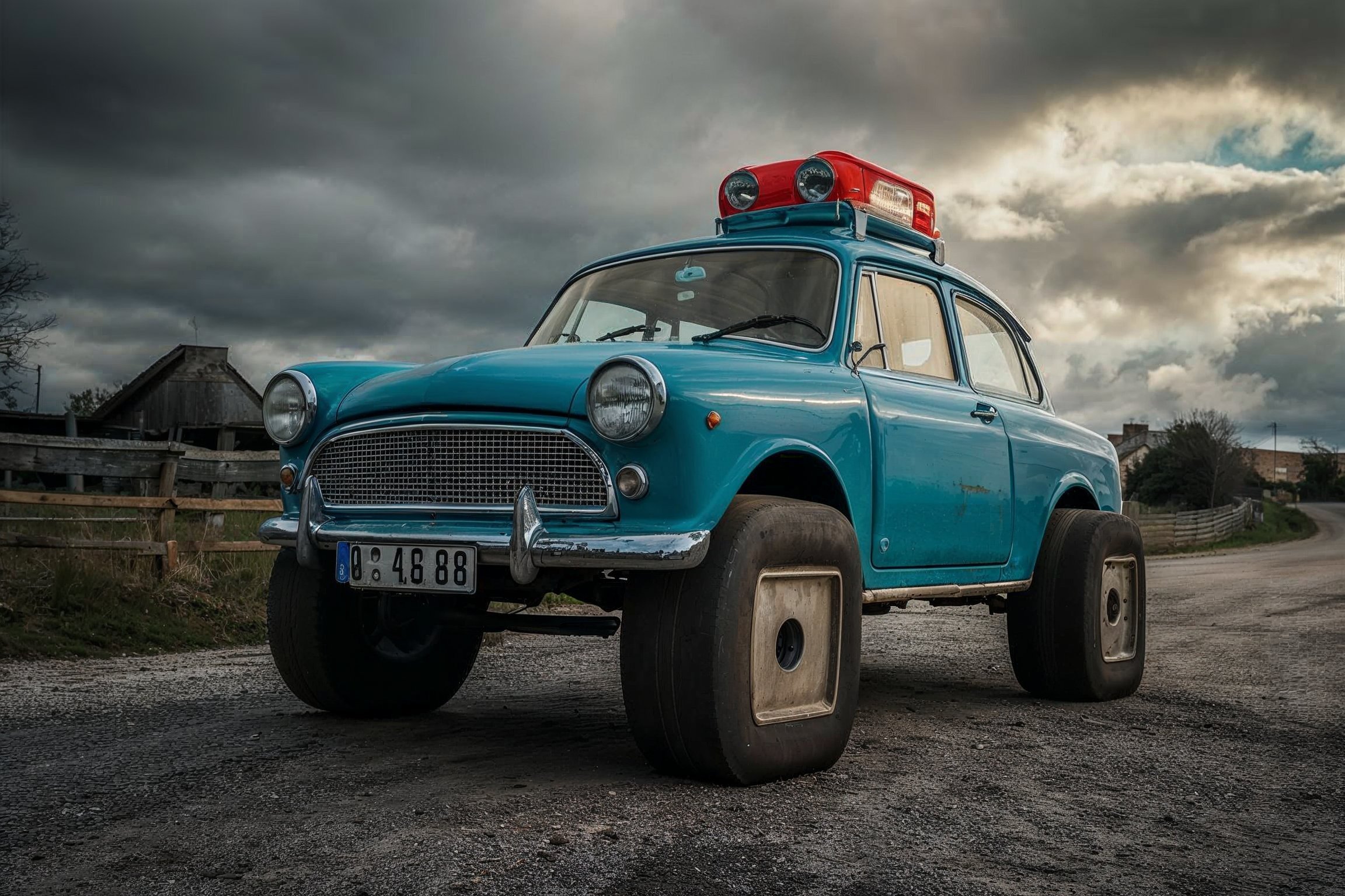 car with share tires, voiture avec roues carrées